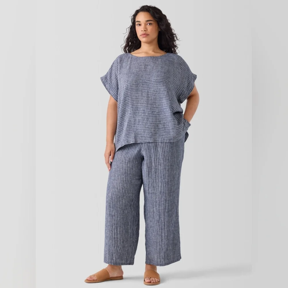 Eileen Fisher Puckered Organic Linen Wide Leg Pants Striped 100% Linen Size LP - Picture 3 of 10